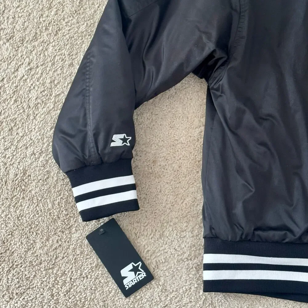 Starter Varsity Jacket Bomber Snap Front Satin Logo Retro Small Black NEW